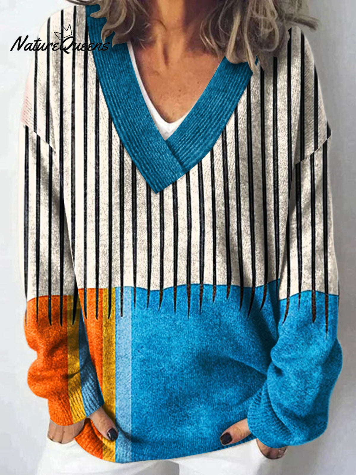 Minimalist Abstract Geometry ArtPrint Knit V-neck Pullover Sweater