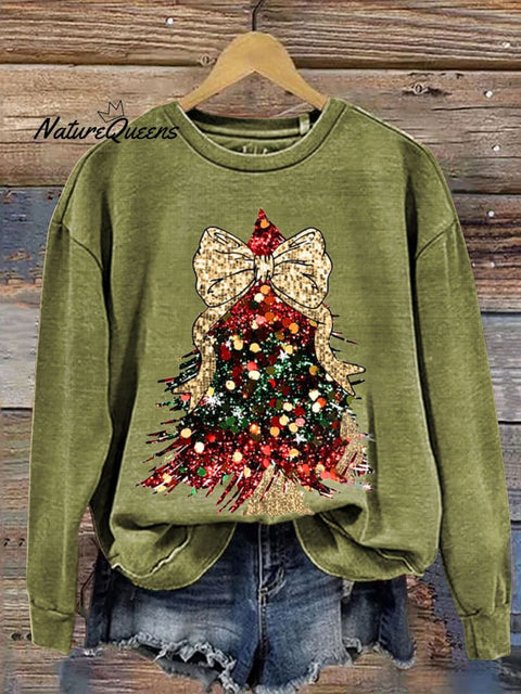 Retro Glitter Christmas Tree Print  Casual  Sweatshirt