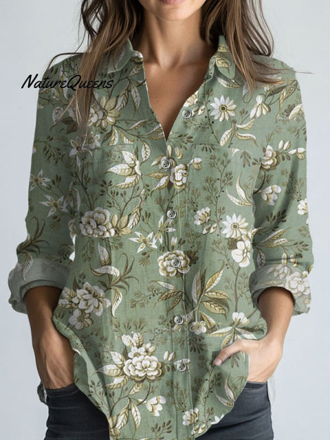 Women's Floral Art Print Casual Long Sleeve Comfortable Cotton Shirt