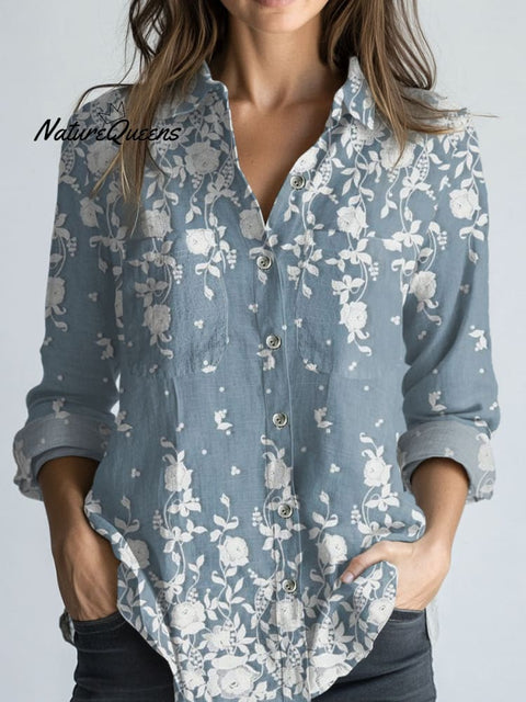 Women's Floral Art Print Casual Long Sleeve Comfortable Cotton Shirt