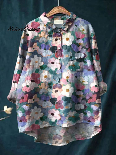 Women's Floral Art Print Casual Cotton And Linen Shirt