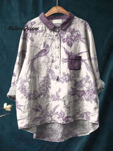 Women's Floral Art Print Casual Cotton And Linen Shirt