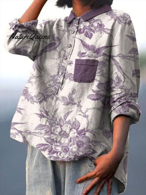 Women's Floral Art Print Casual Cotton And Linen Shirt