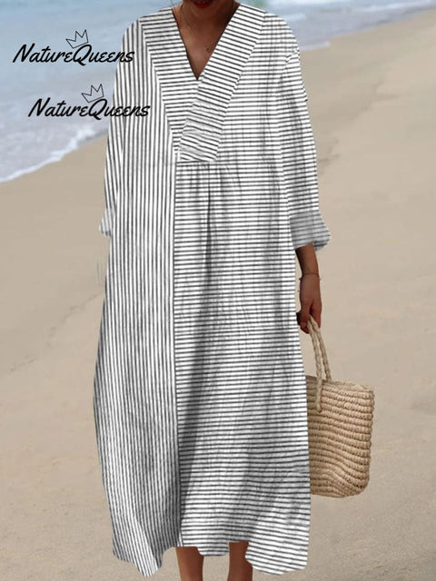 Women Vintage Stripes Casual V Neck Midi Dress
