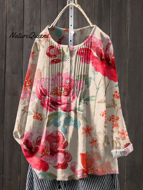 Women's Floral Art Print Casual Cotton And Linen Shirt