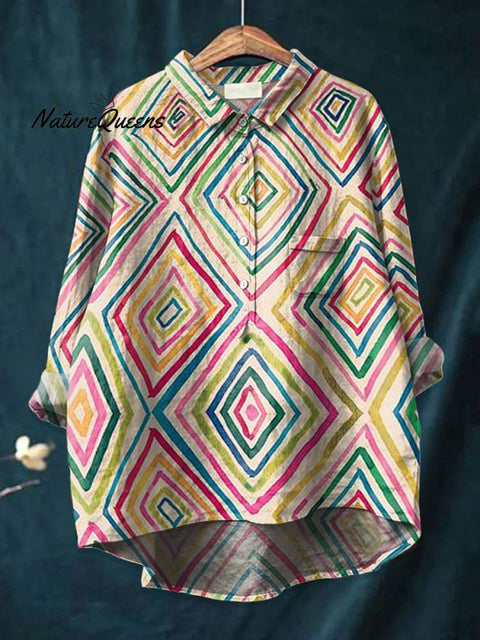 Women's  BOHO Art Print Casual Cotton And Linen Shirt