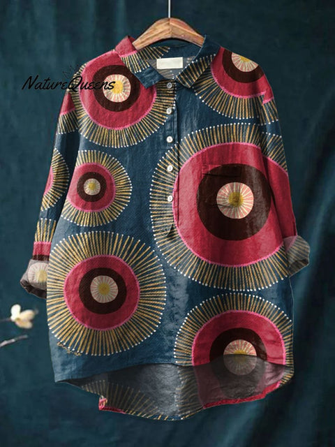 Women's  BOHO Art Print Casual Cotton And Linen Shirt