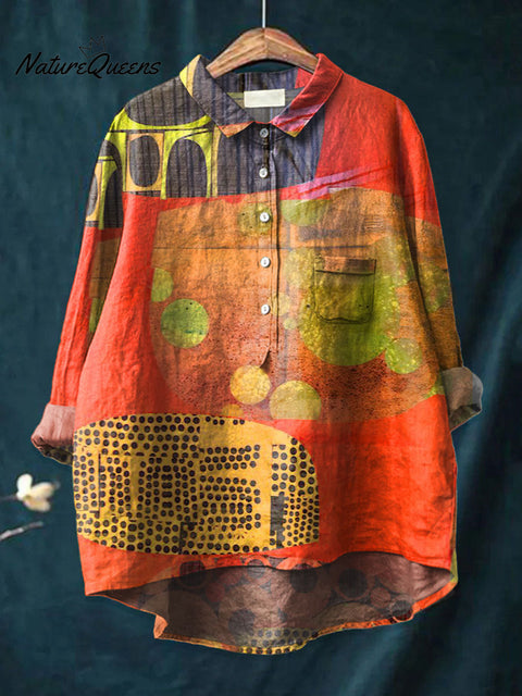 Women's  BOHO Art Print Casual Cotton And Linen Shirt