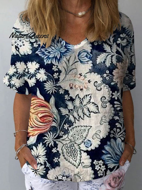 Women's Floral Art Print Casual Cotton And Linen Shirt