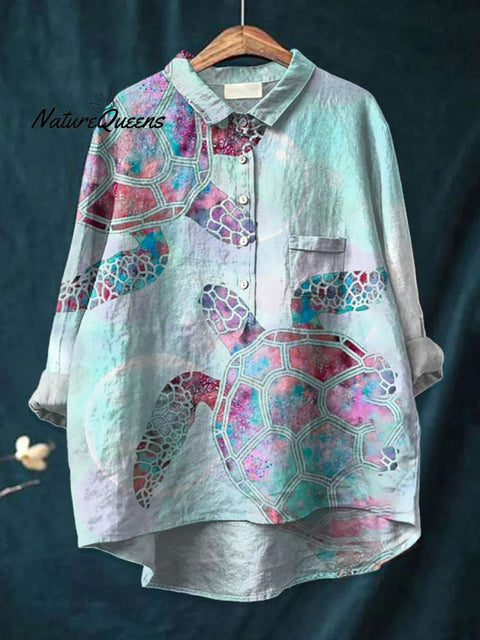 Women's  Sea Turtle Art Print Casual Cotton And Linen Shirt