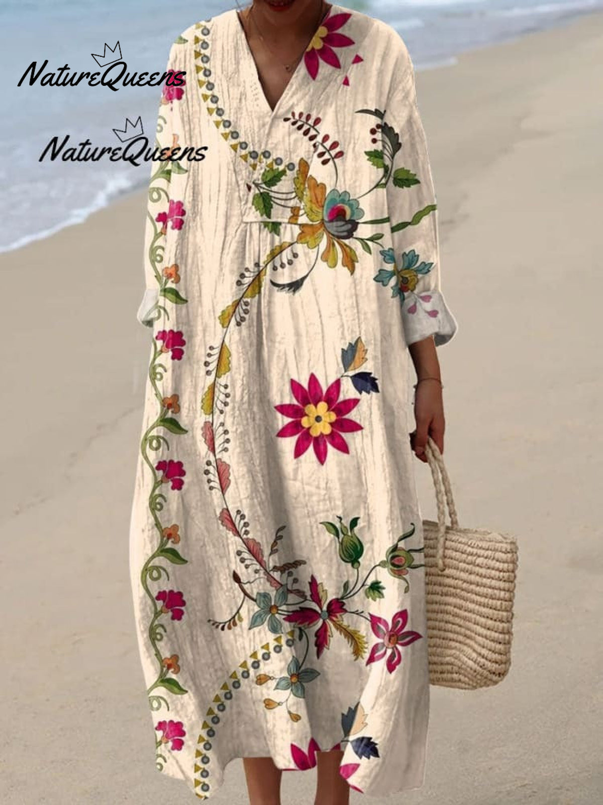 Women'sBoho Flowers Art Print Casual Linen V-neck Shirt