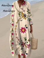 Women'sBoho Flowers Art Print Casual Linen V-neck Shirt