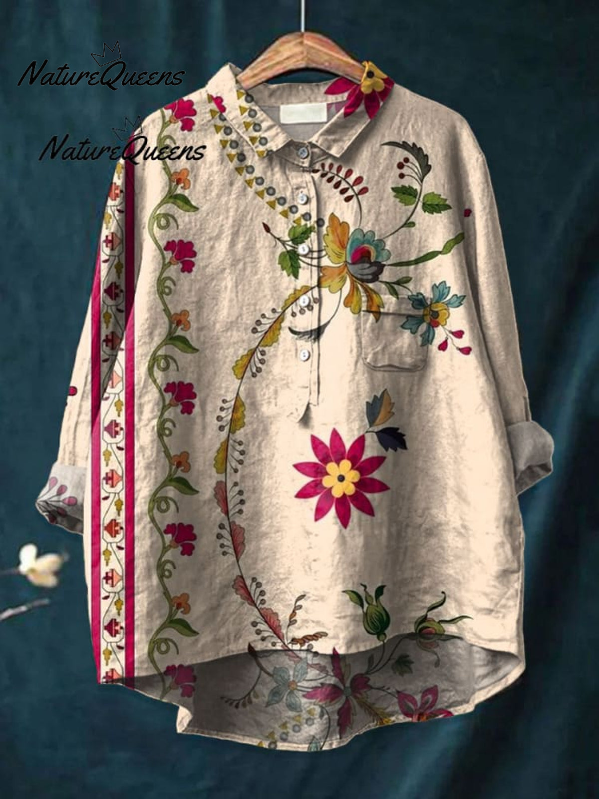 Women'sBoho Flowers Art Print Casual Linen V-neck Shirt