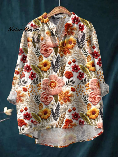 Women's Embroidery Flowers  Art  Print Casual Long Sleeve Comfortable Cotton Shirt