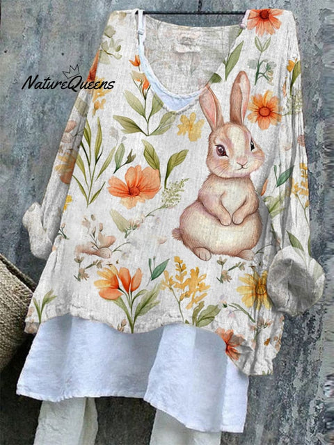 Women's   Easter Bunny Art Print Casual Cotton And Linen Shirt