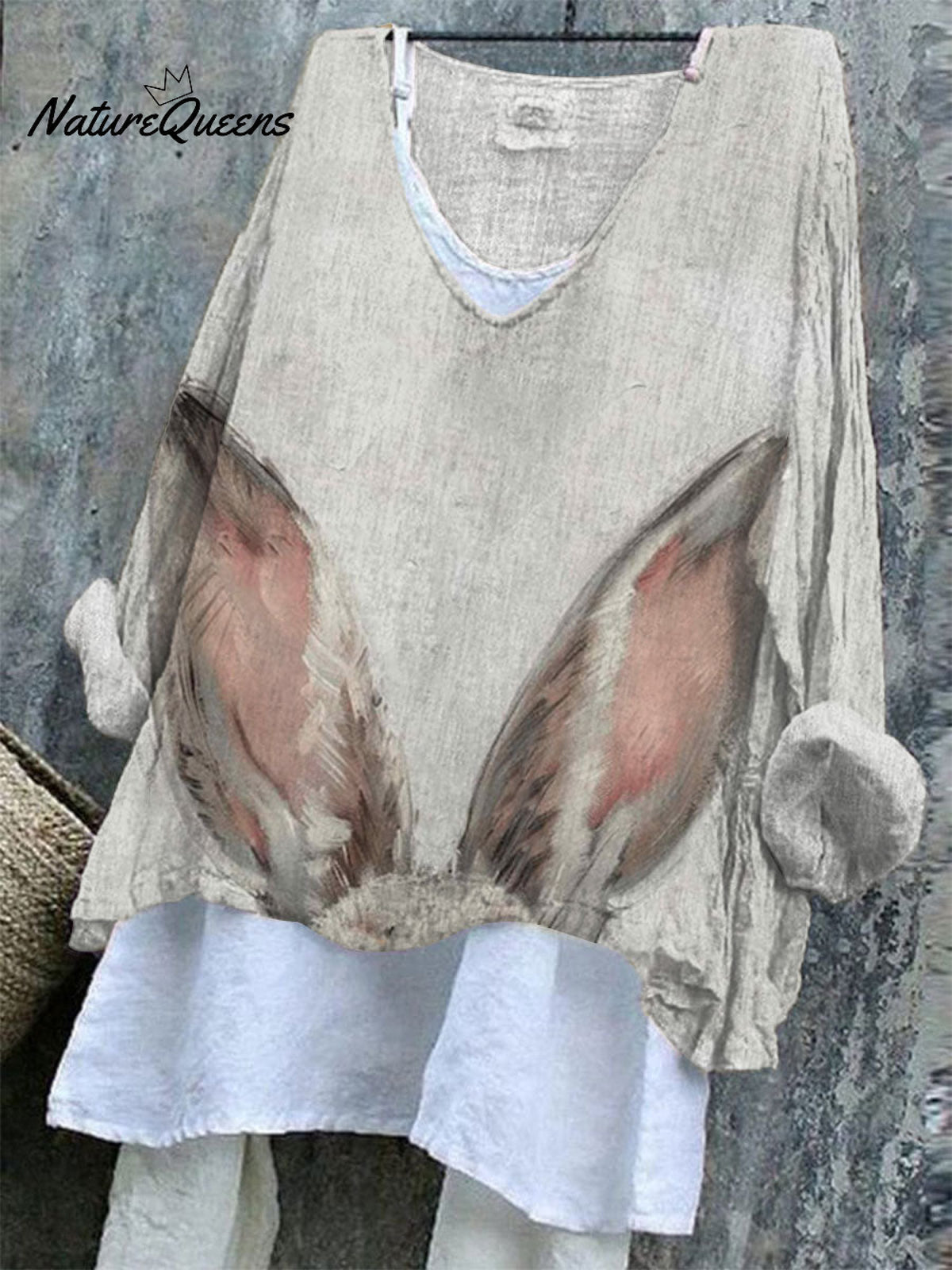 Women's Easter Vintage Bunny Art Print Casual Cotton And Linen Shirt