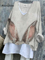 Women's Easter Vintage Bunny Art Print Casual Cotton And Linen Shirt
