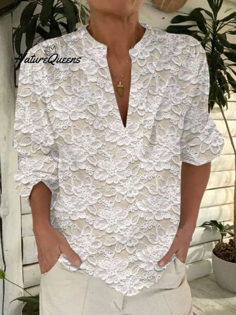 Women's  Lace  Floral Art  Print Casual Short Sleeve Comfortable Cotton Shirt