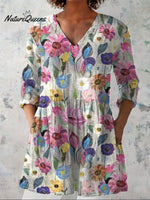 Women'sFlowers ArtPrint Casual Linen V-neck Shirt