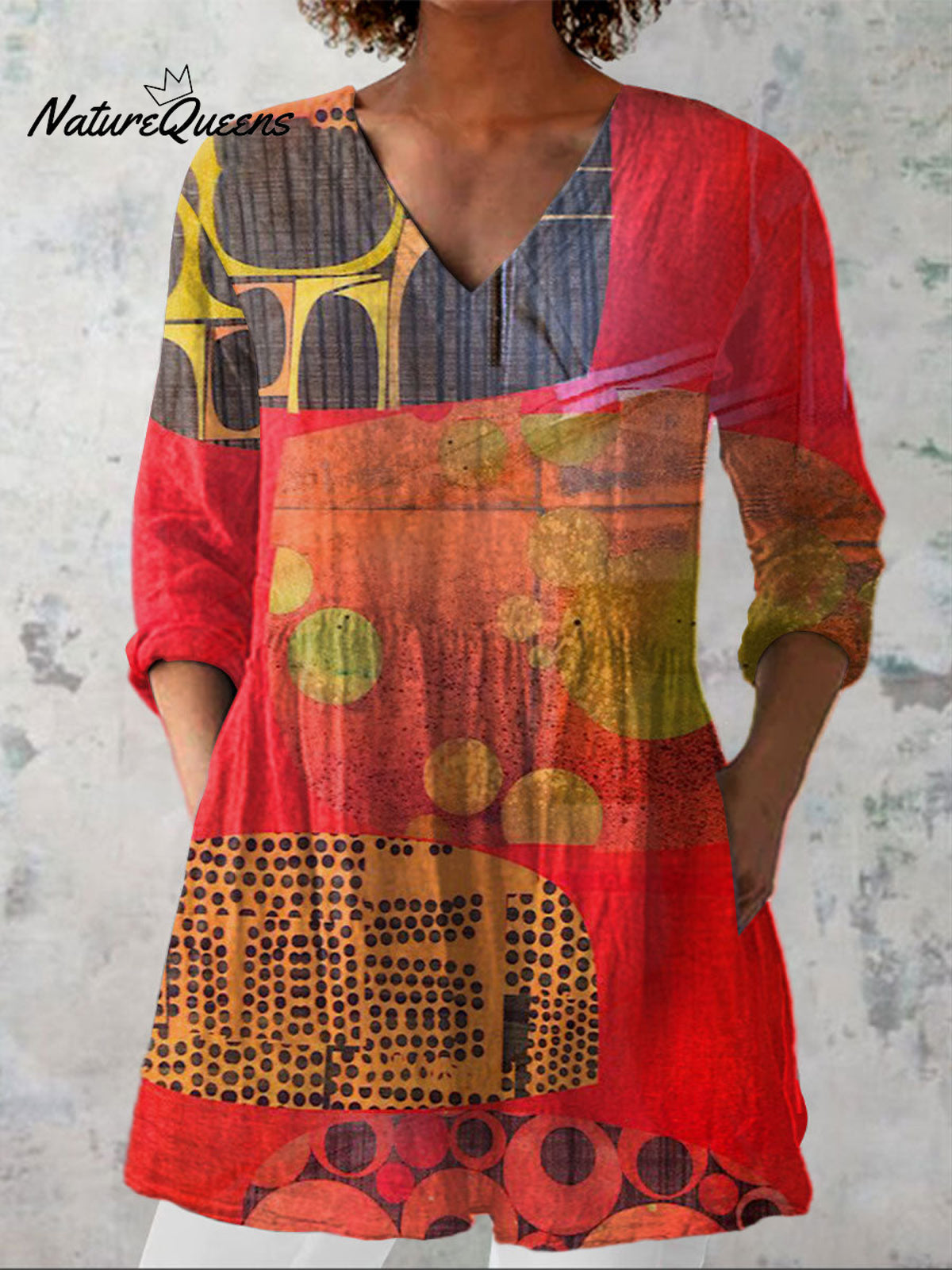 Women's Modern Abstract ArtPrint Casual Linen V-neck Shirt