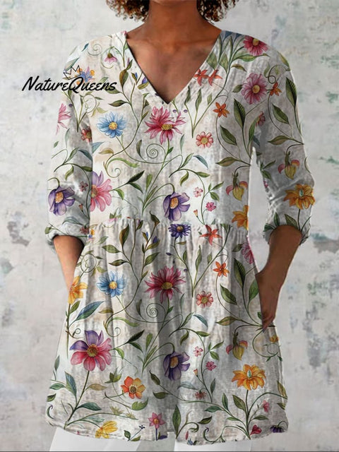 Women's Country Style  Flowers Art  Print Casual Linen V-neck Shirt