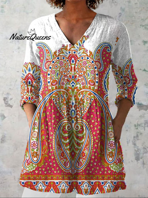 Women's Boho  Flowers Art  Print Casual Linen V-neck Shirt