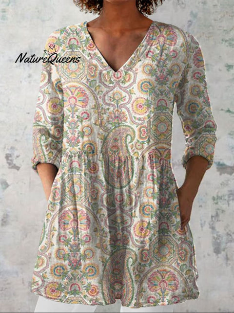 Women's Boho  Flowers Art  Print Casual Linen V-neck Shirt