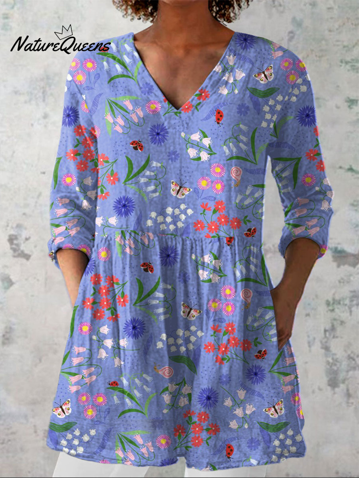 Women's Pastoral Flowers Art Print Casual Linen V-neck Shirt