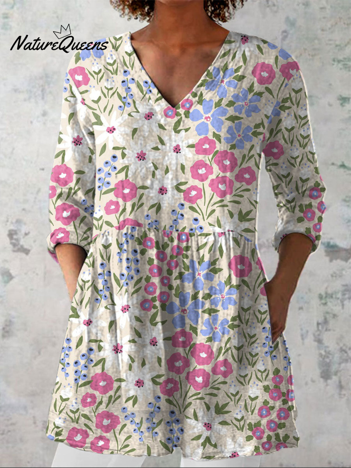 Women's Pastoral Flowers Art Print Casual Linen V-neck Shirt