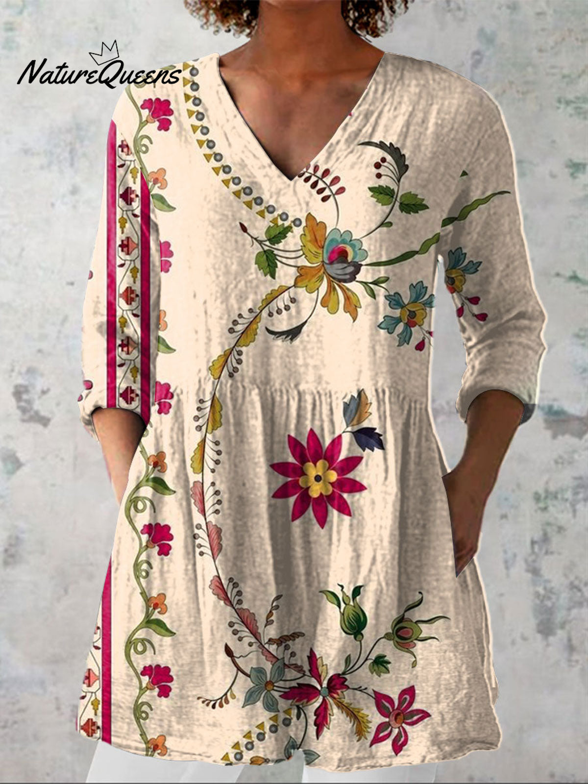 Women'sBoho Flowers Art Print Casual Linen V-neck Shirt