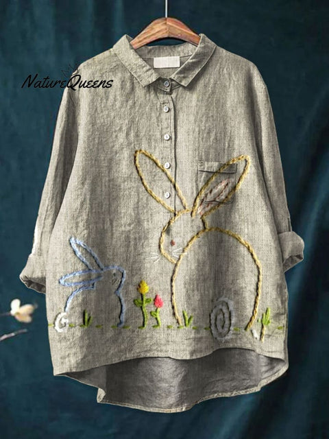 Women's  Easter Embroidery Bunny Art Print Casual Cotton And Linen Shirt