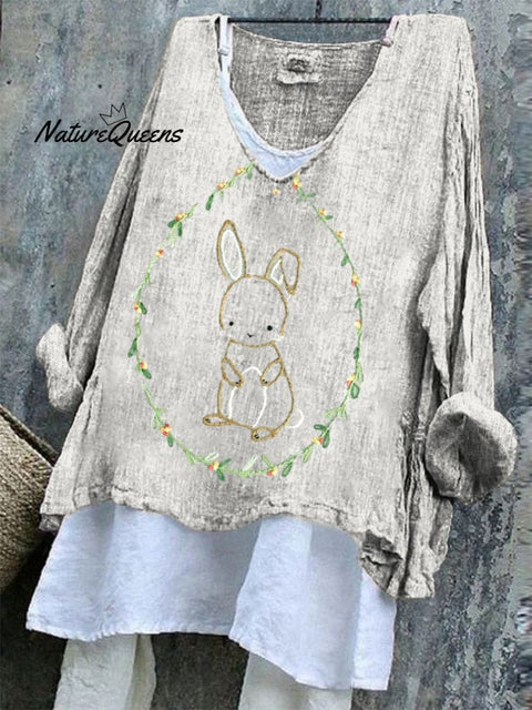 Women's Easter Embroidery Bunny Art Print Casual Cotton And Linen Shirt