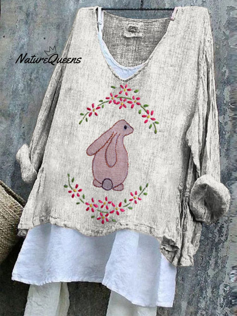 Women's Easter Embroidery Bunny Art Print Casual Cotton And Linen Shirt