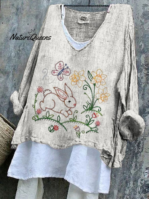 Women's Easter Embroidery Bunny Art Print Casual Cotton And Linen Shirt