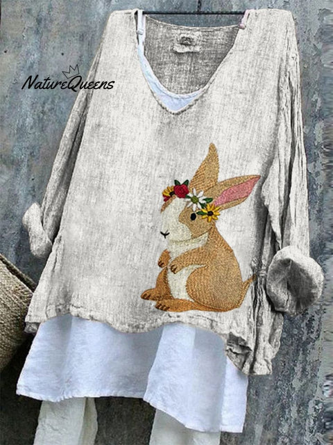 Women's Easter Embroidery Bunny Art Print Casual Cotton And Linen Shirt