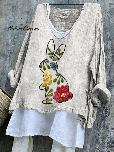 Women's Easter Embroidery Bunny Art Print Casual Cotton And Linen Shirt