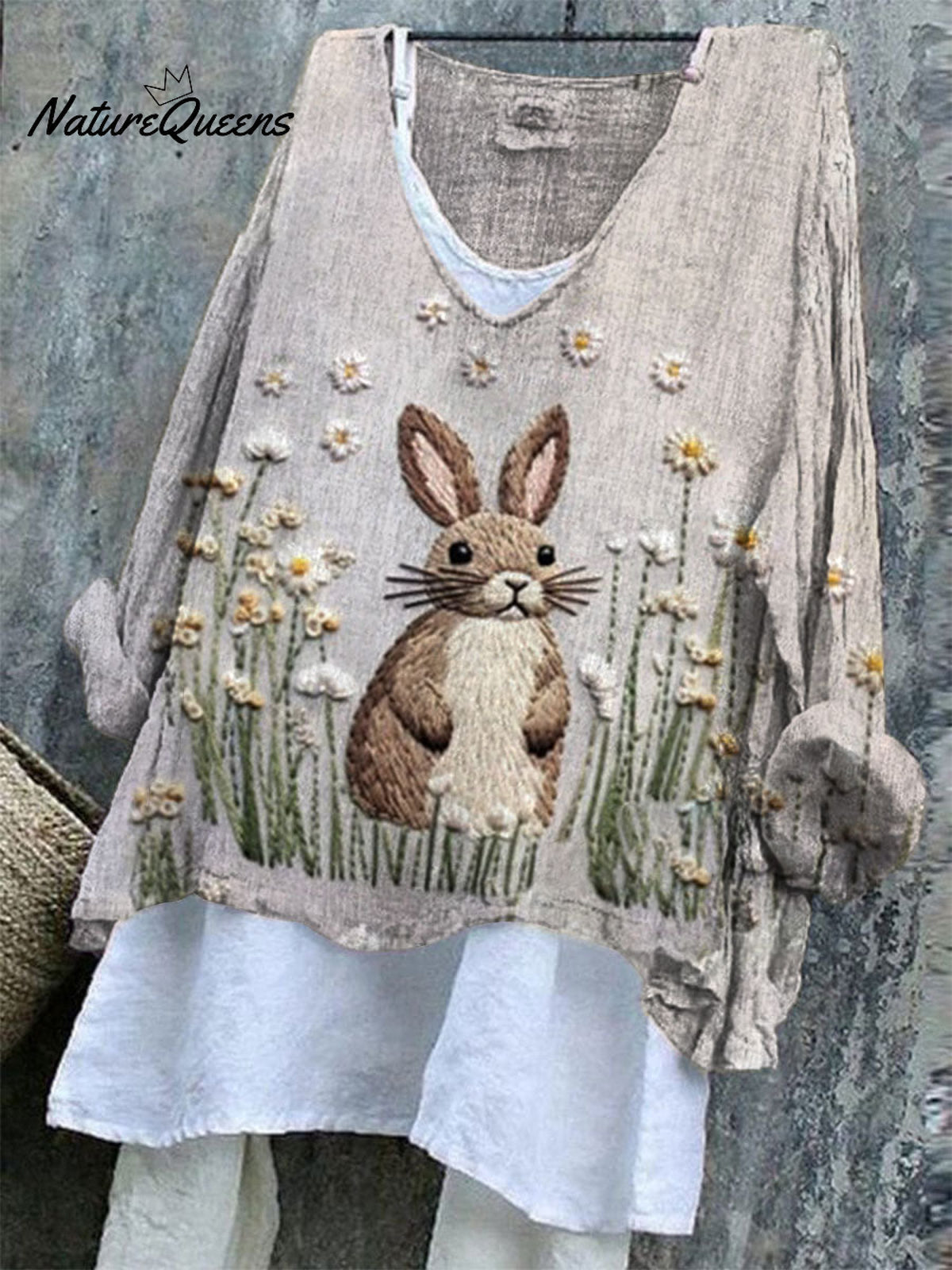 Women's Easter Embroidery Bunny Art Print Casual Cotton And Linen Shirt