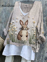 Women's Easter Embroidery Bunny Art Print Casual Cotton And Linen Shirt