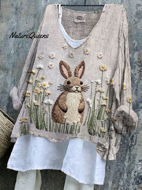 Women's Easter Embroidery Bunny Art Print Casual Cotton And Linen Shirt