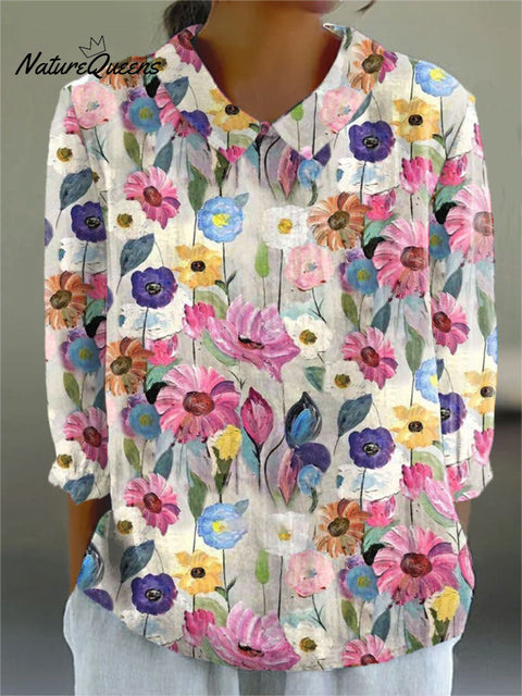 Women's Vintage Floral Art Print Casual Cotton And Linen 3/4 Sleeve Shirt