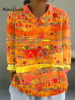 Women's VintageArt Print Casual Cotton And Linen 3/4 Sleeve Shirt