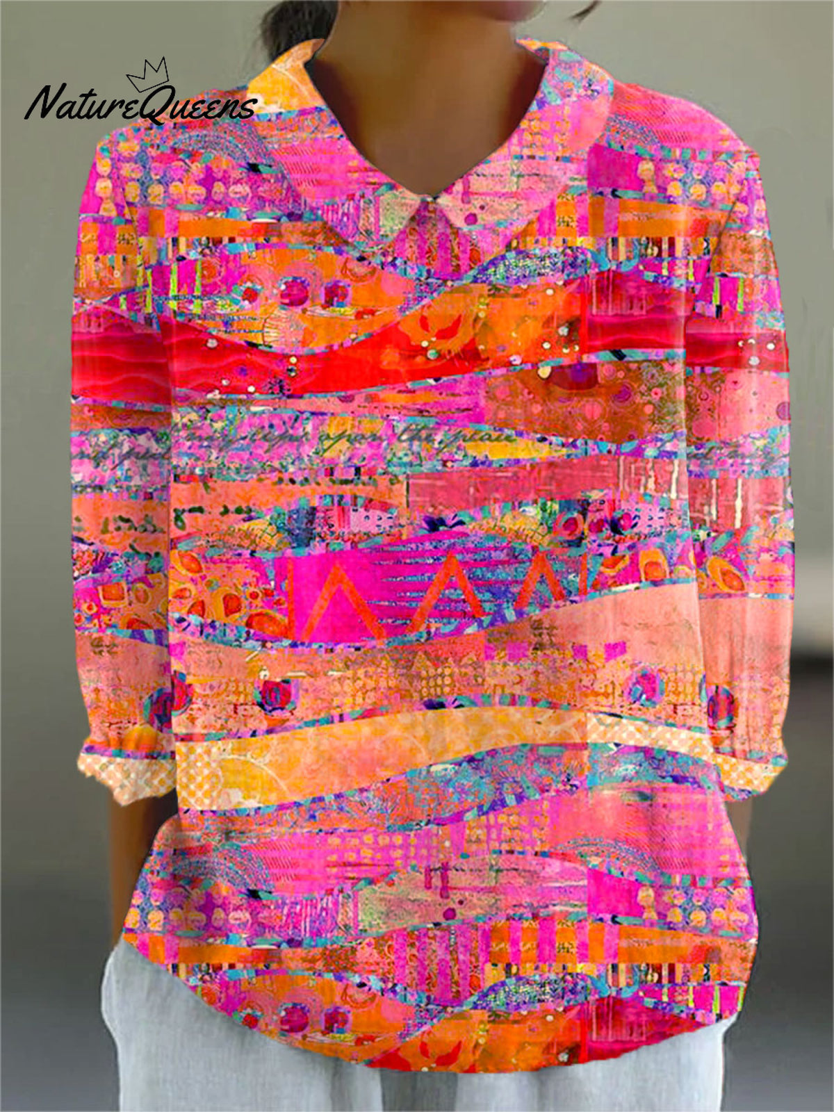 Women's VintageArt Print Casual Cotton And Linen 3/4 Sleeve Shirt