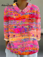 Women's VintageArt Print Casual Cotton And Linen 3/4 Sleeve Shirt