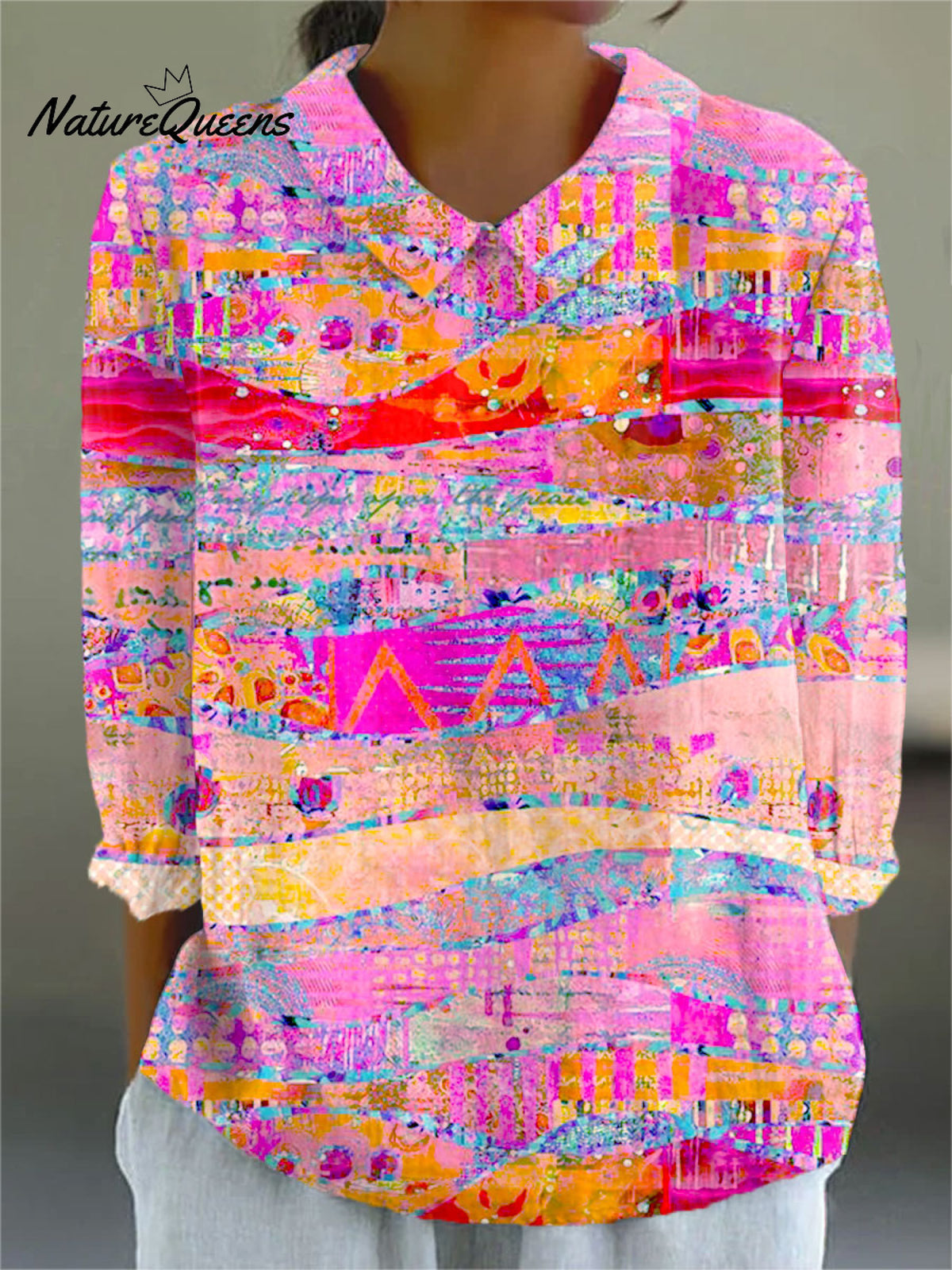 Women's VintageArt Print Casual Cotton And Linen 3/4 Sleeve Shirt