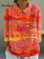 Women's VintageArt Print Casual Cotton And Linen 3/4 Sleeve Shirt