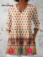 Women's Boho Flowers Art Print Casual Linen V-neck Shirt