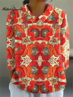 Women's Vintage Poppy Flower Art Print Casual Cotton And Linen 3/4 Sleeve Shirt