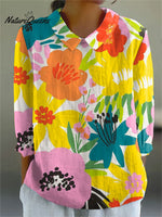 Women's Watercolor Flower Art Print Casual Cotton And Linen 3/4 Sleeve Shirt