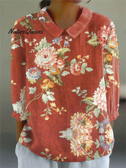 Women's Pastoral Flowers Print Casual Cotton And Linen 3/4 Sleeve Shirt