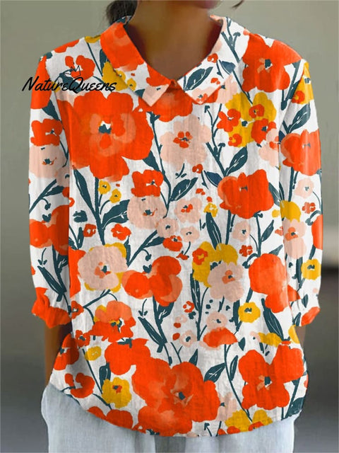 Women's Watercolor Flowers Print Casual Cotton And Linen 3/4 Sleeve Shirt